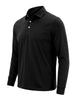 Black long-sleeve polo shirt with white button placket and ribbed cuffs displayed on a mannequin.