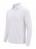 White long-sleeve polo shirt with ribbed cuffs and a collared neckline displayed on a mannequin.