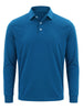 Blue long-sleeve polo shirt with white buttons and ribbed cuffs displayed on a neutral background.