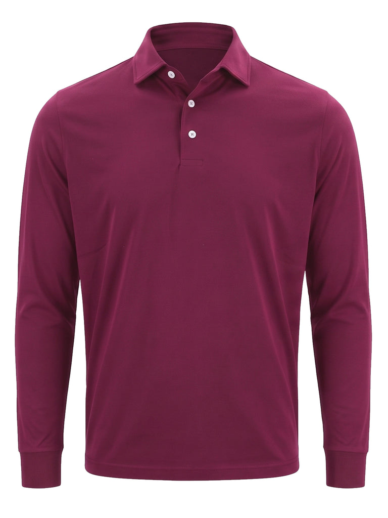 Burgundy long-sleeve polo shirt with white button placket and collar.