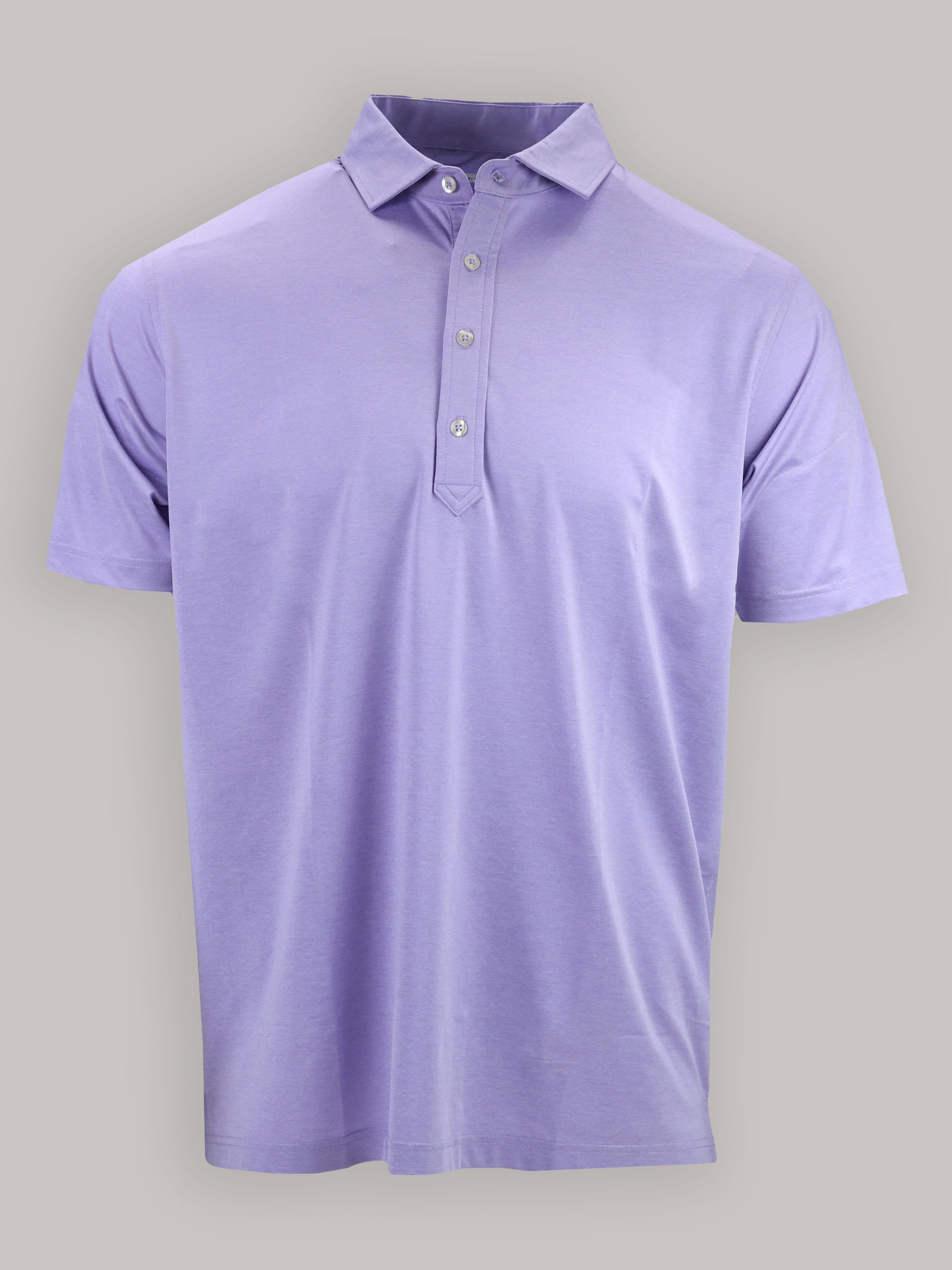 A lavender polo shirt with a collar and three buttons down the front is displayed against a plain gray background.