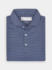 Neatly folded navy blue polo shirt with thin white stripes, featuring a collar and three buttons