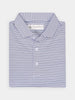 A neatly folded blue and white striped polo shirt with a buttoned collar