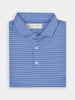 Folded blue-striped polo shirt with a collar and two buttons, featuring performance fabric