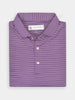 Folded purple and pink striped collared shirt with white buttons