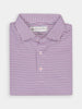 Folded performance polo shirt with thin pink and navy stripes and a neatly buttoned collar, set against a plain white background