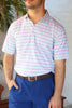 Striped short-sleeve polo shirt featuring horizontal lines in pastel colors of blue, pink, and purple.