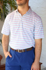 Striped short-sleeve polo shirt featuring horizontal lines in pastel colors of blue, pink, and purple.