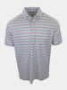 Striped short-sleeve polo shirt featuring horizontal lines in pastel colors of blue, pink, and purple.