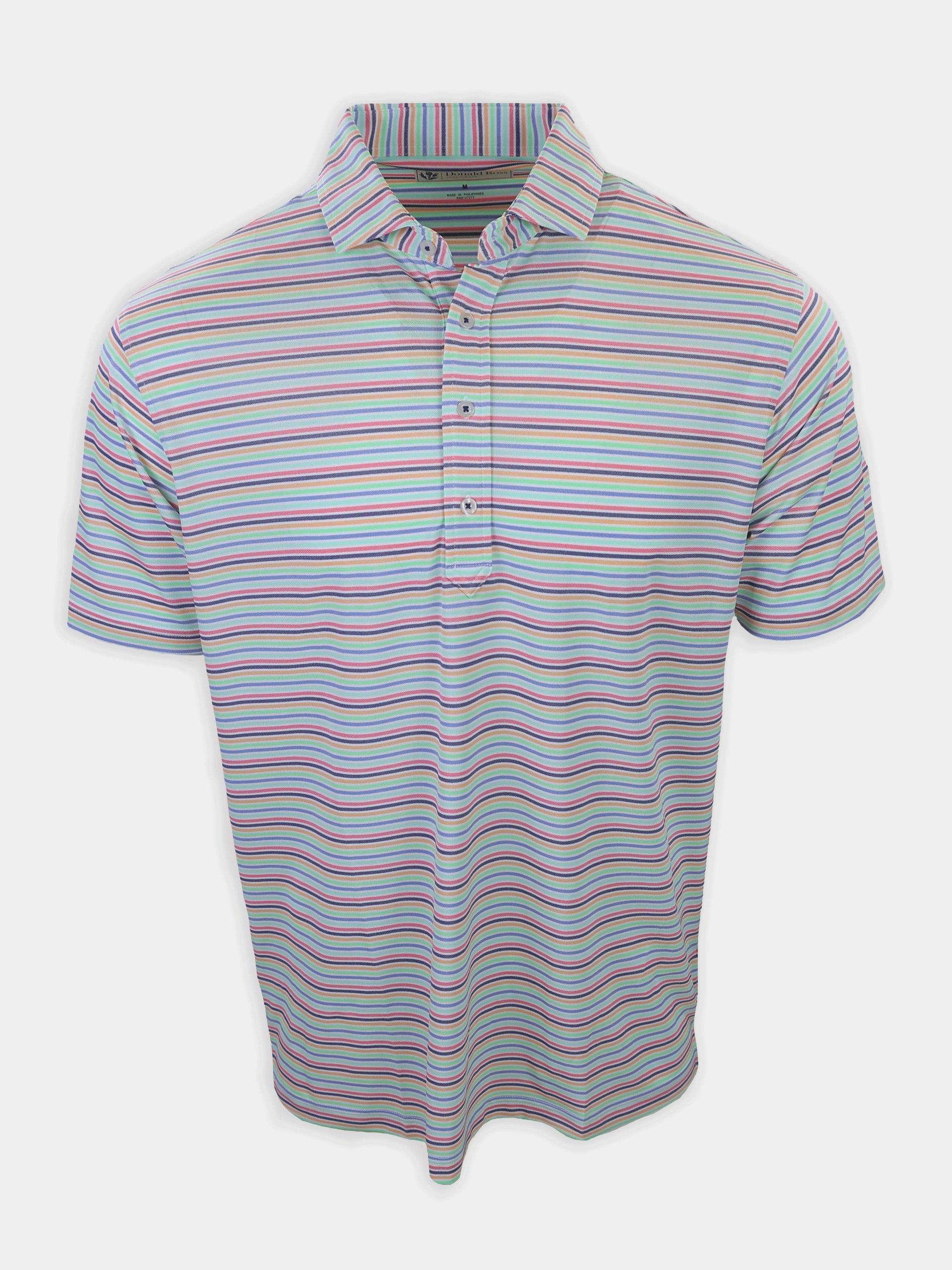 Striped short-sleeve polo shirt featuring horizontal lines in pastel colors of blue, pink, and purple.