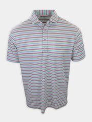 Striped short-sleeve polo shirt featuring horizontal lines in pastel colors of blue, pink, and purple.
