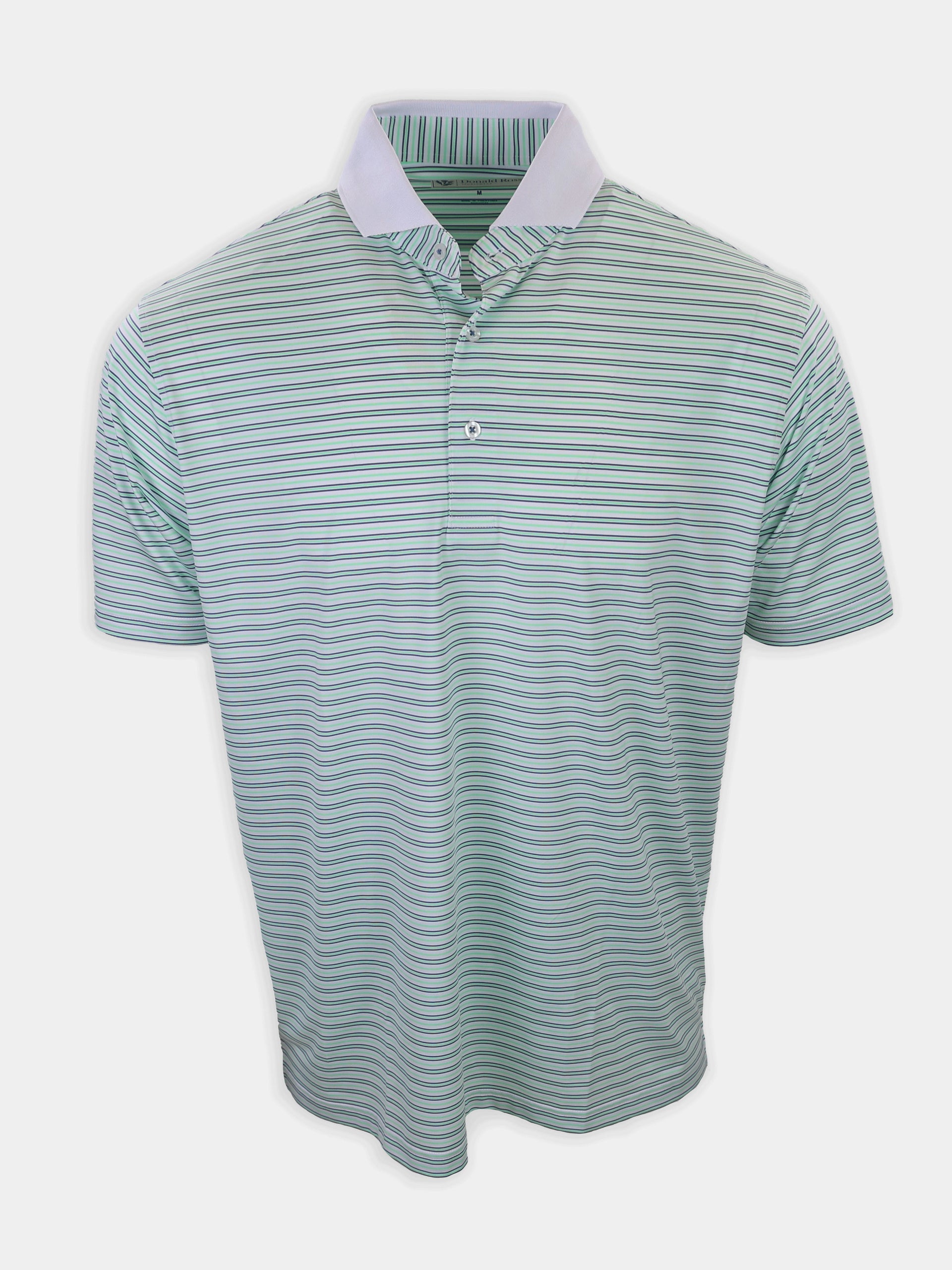 Striped short-sleeve polo shirt in shades of light green and blue with a white collar displayed on a plain background.