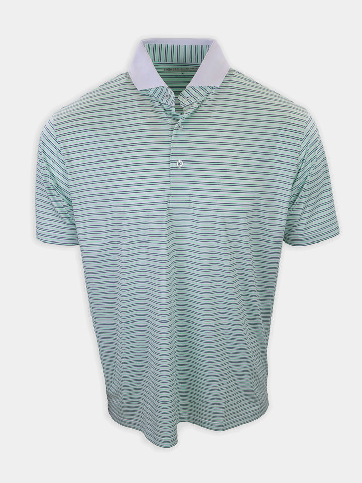 Striped short-sleeve polo shirt in shades of light green and blue with a white collar displayed on a plain background.