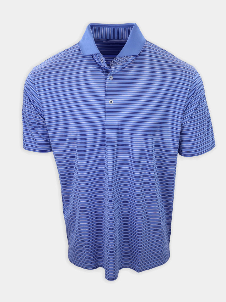 Light blue polo shirt with horizontal stripes displayed against a plain background.
