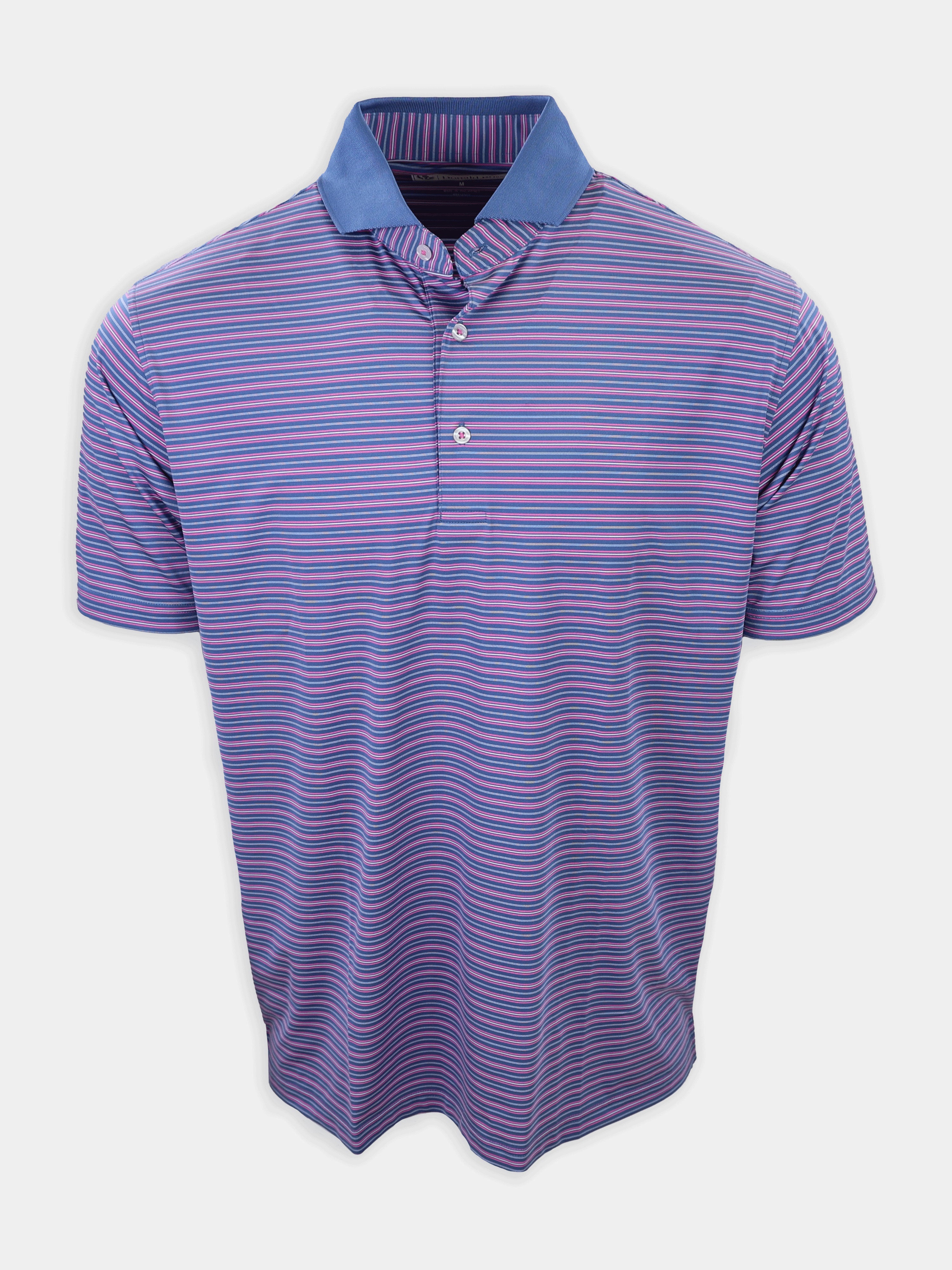 A short-sleeved polo shirt with a blue collar and horizontal stripes in shades of purple and pink hangs upright.