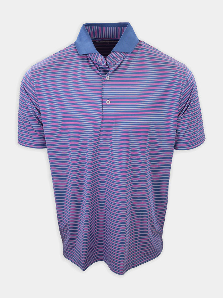 A short-sleeved polo shirt with a blue collar and horizontal stripes in shades of purple and pink hangs upright.