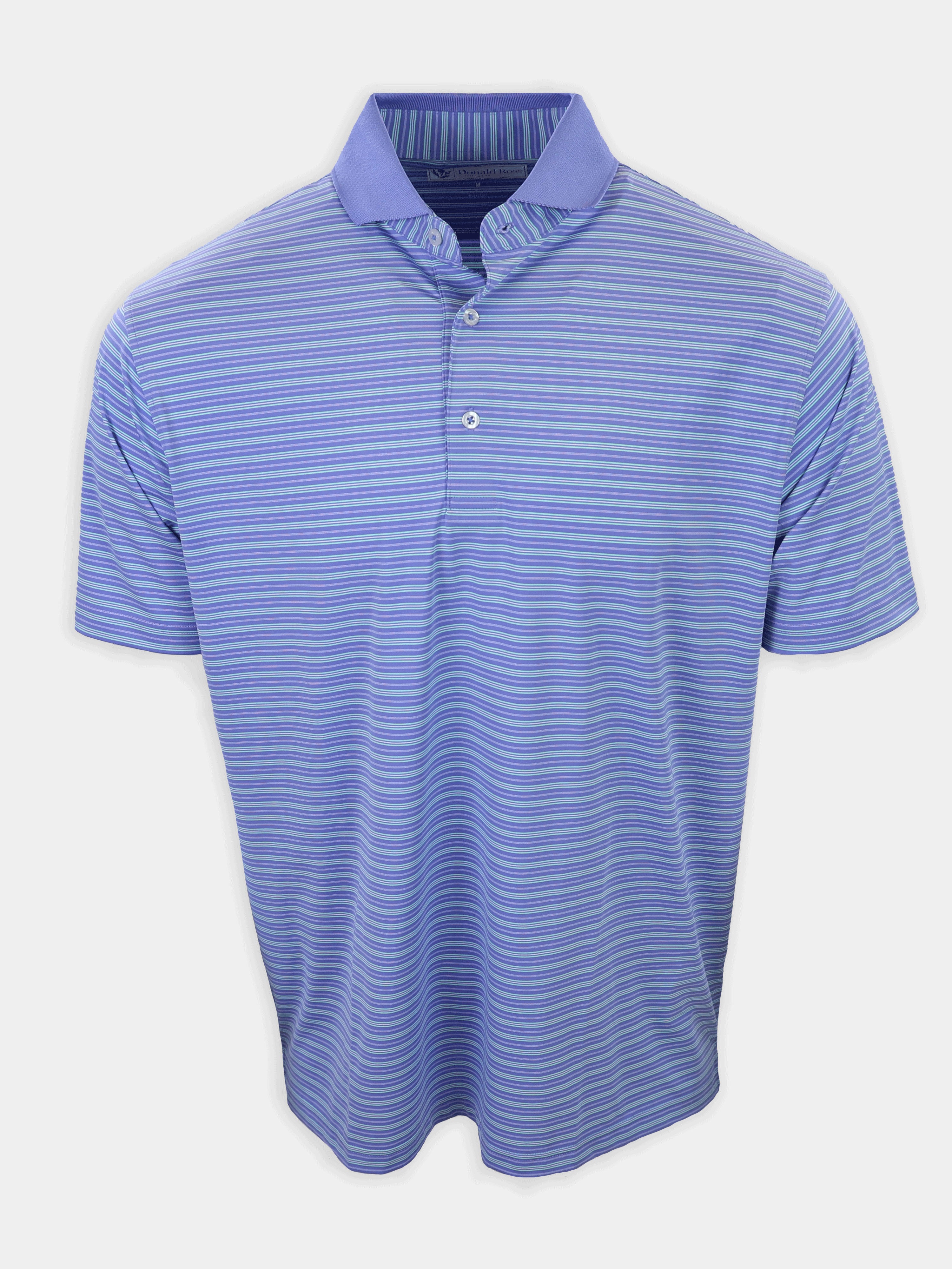 Striped short-sleeved polo shirt in shades of blue and purple displayed against a plain background.