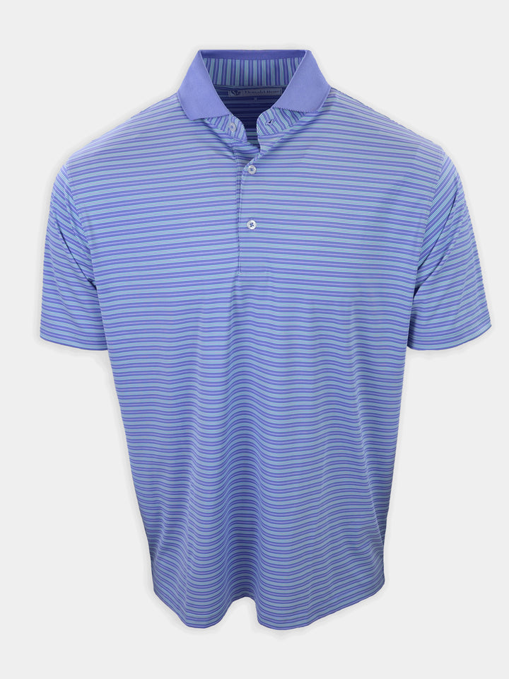 Striped short-sleeved polo shirt in shades of blue and purple displayed against a plain background.