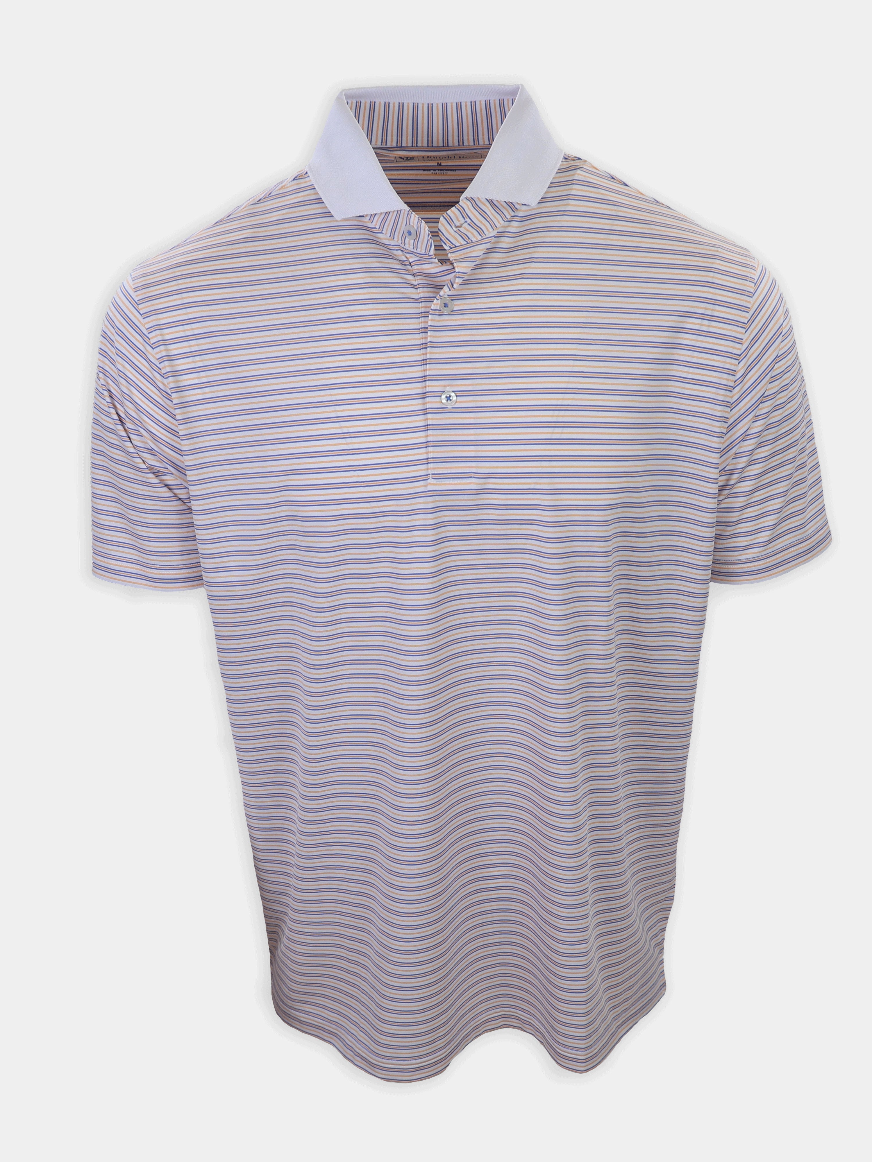 A short-sleeved, collared polo shirt features alternating light and dark horizontal stripes in white, purple, and blue.