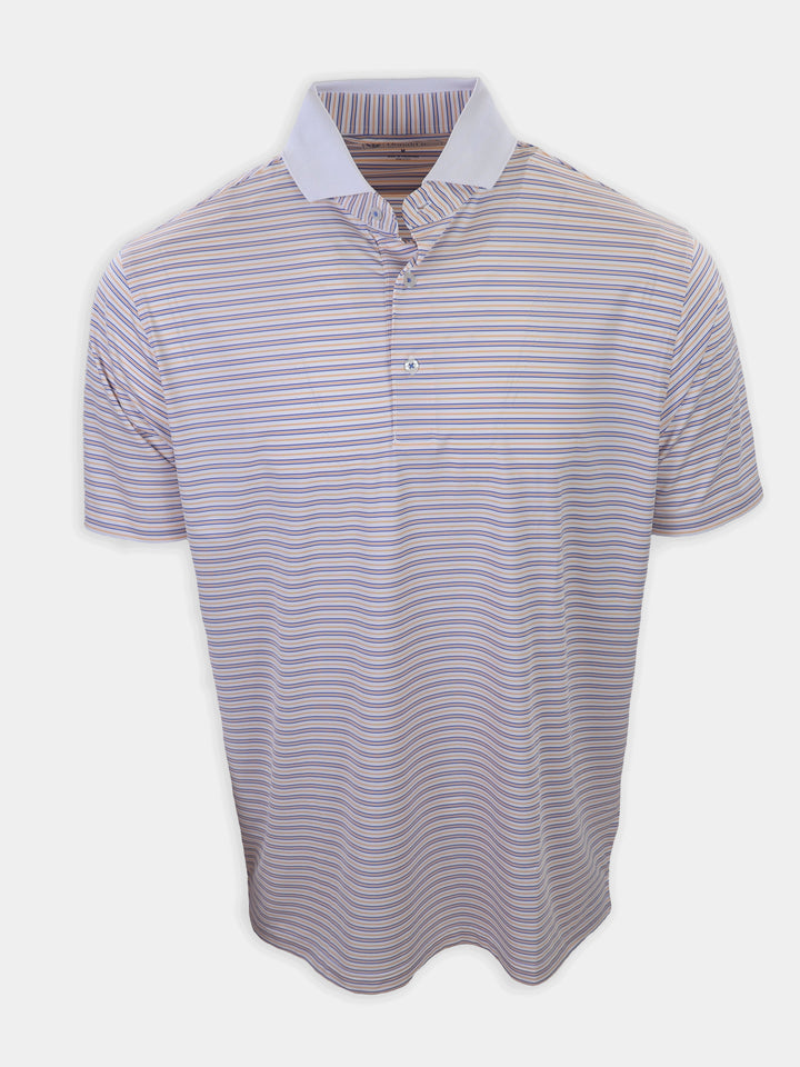 A short-sleeved, collared polo shirt features alternating light and dark horizontal stripes in white, purple, and blue.