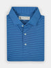 Neatly folded blue striped performance polo shirt with a buttoned collar