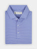 Folded blue and white striped polo shirt with a collar and three buttons, displaying a neat and classic design