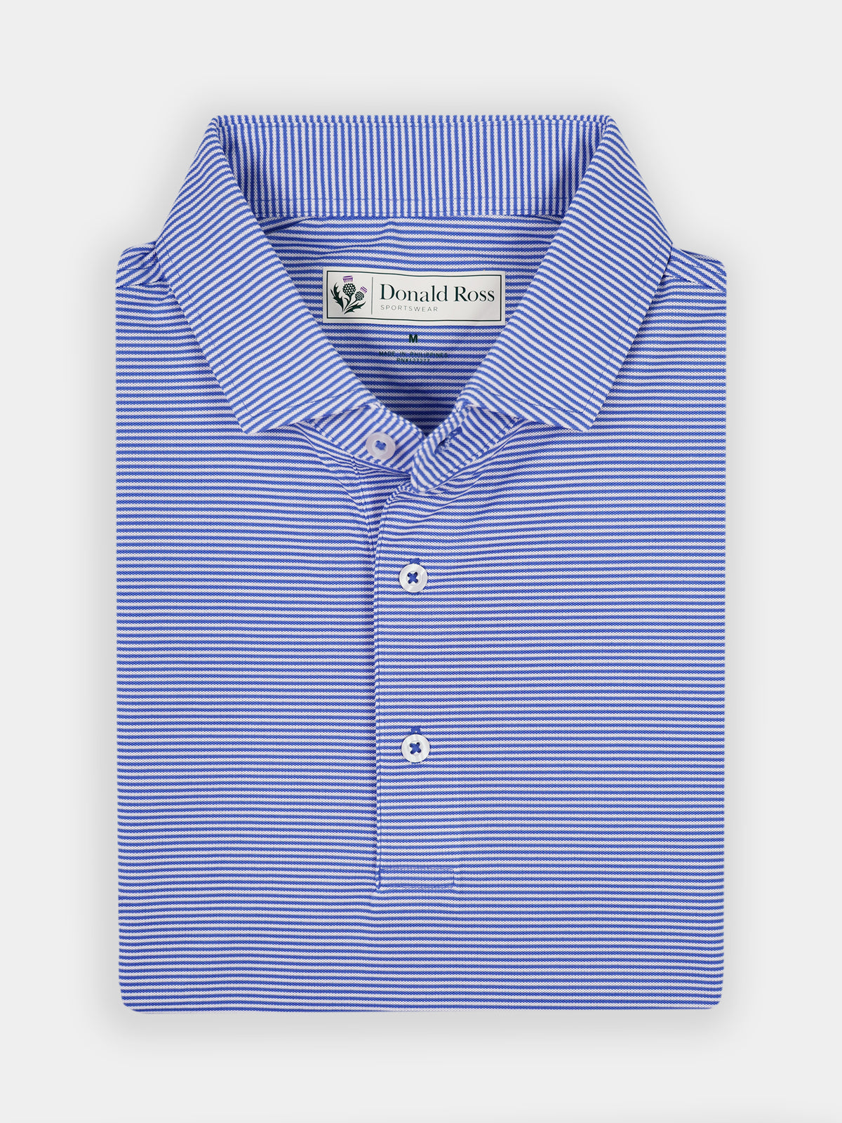 Folded blue and white striped polo shirt with a collar and three buttons, displaying a neat and classic design