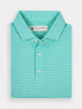 Folded turquoise polo shirt with white stripes, featuring a collar and three buttons