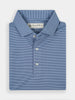 Folded blue and white striped polo shirt made with performance fabric