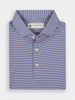 Striped blue and white polo shirt, neatly folded. Made with lightweight and breathable fabric.