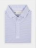 Blue and white pin striped performance polo neatly folded, featuring a classic collar and buttons