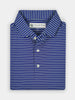 Folded blue polo shirt with white horizontal stripes, made from performance moisture-wicking fabric