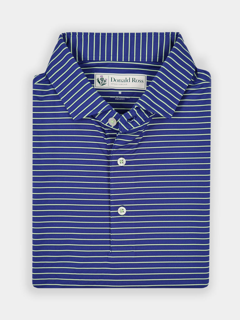 Folded blue polo shirt with white horizontal stripes, made from performance moisture-wicking fabric