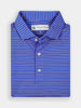Folded blue polo shirt with thin orange stripes, featuring a classic collar and performance fabric