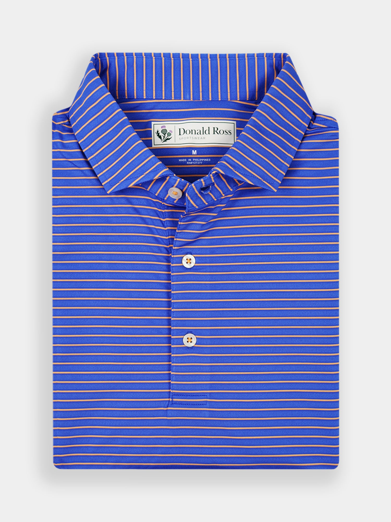 Folded blue polo shirt with thin orange stripes, featuring a classic collar and performance fabric
