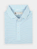 Folded white performance golf polo shirt with blue stripes on a white background