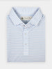 Folded blue and white hybrid striped polo shirt with a collar, featuring buttons down the front