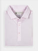 Folded white collared polo shirt with subtle pink stripes and three buttons, made from moisture-wicking fabric
