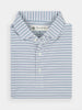 Folded white collared polo shirt with thin navy blue stripes, featuring a button-up front