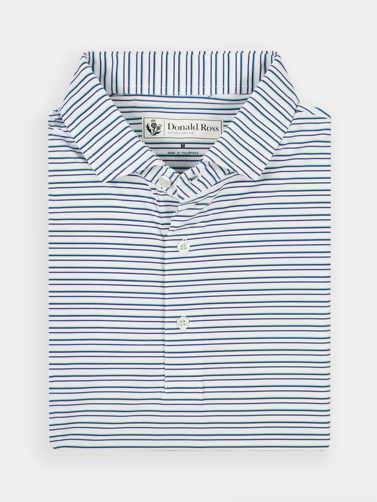 Folded white collared polo shirt with thin navy blue stripes, featuring a button-up front