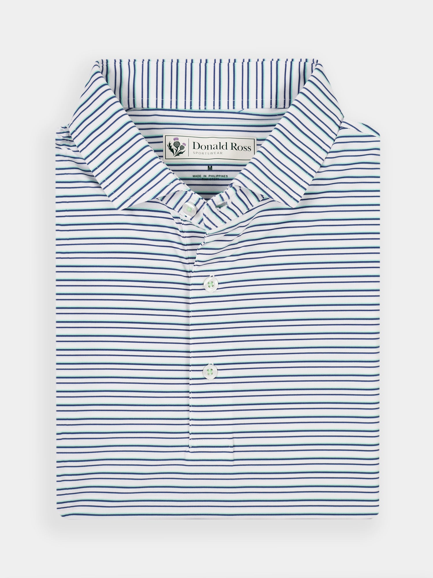 Folded white collared polo shirt with thin navy blue stripes, featuring a button-up front
