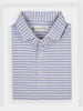 Folded white collared shirt with navy blue and beige stripes neatly arranged