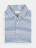 Folded polo shirt with blue and white stripes, featuring a collar and three buttons