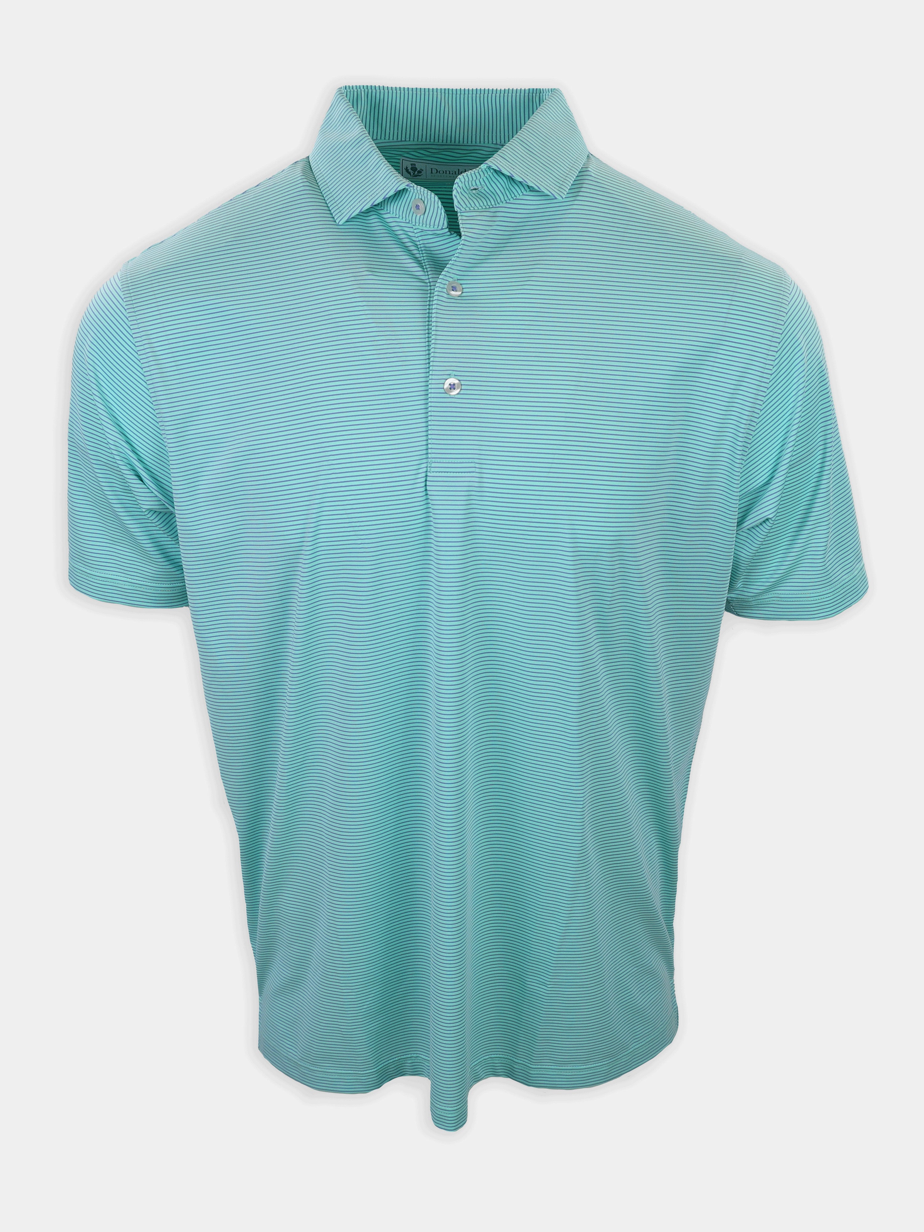 Light blue striped polo shirt with a collar and short sleeves displayed against a white background.