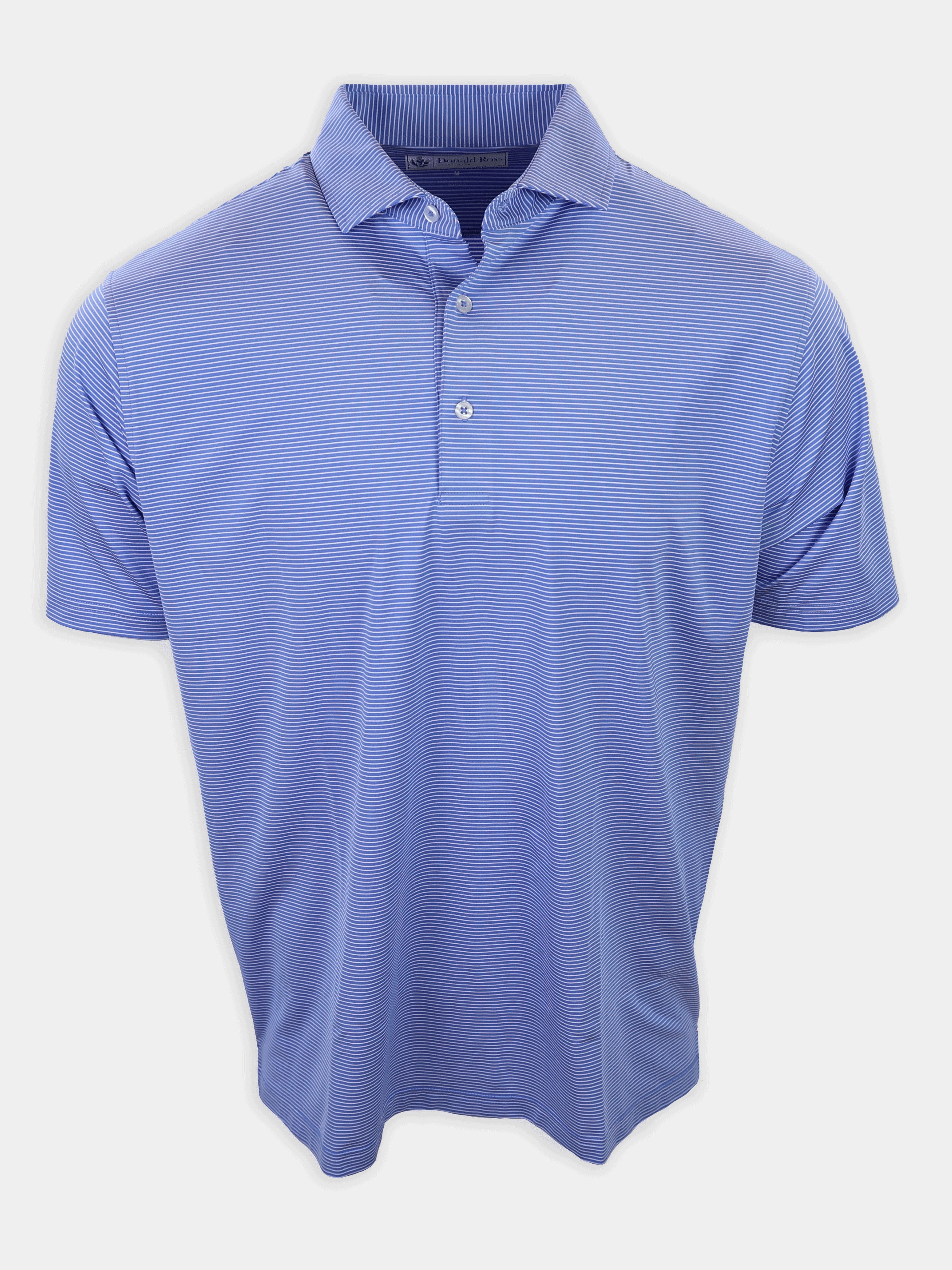 Light blue striped polo shirt displayed against a neutral background.