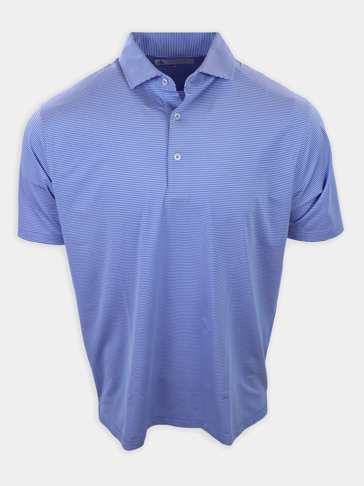 Light blue striped polo shirt displayed against a neutral background.