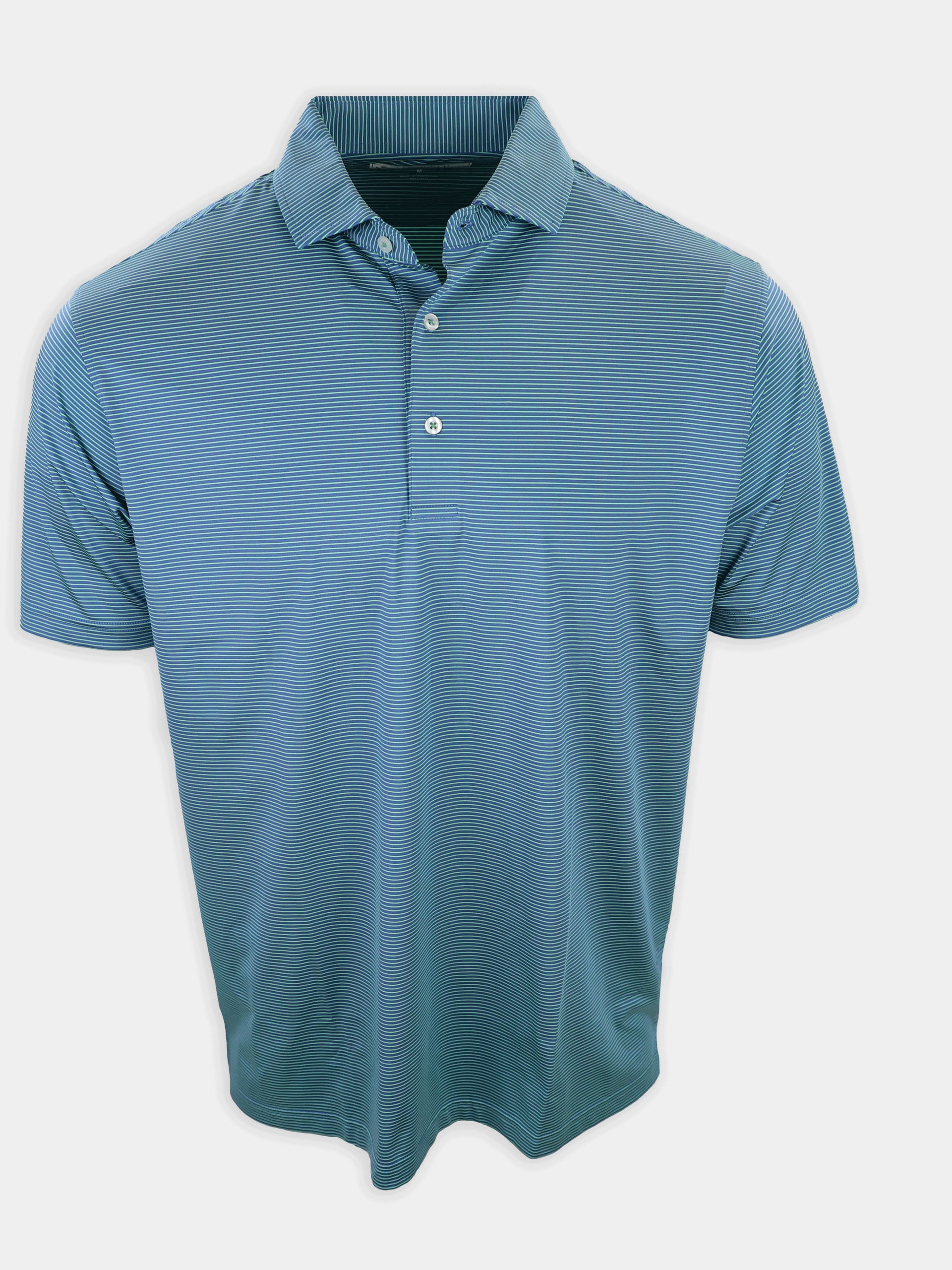 A short-sleeved, striped polo shirt in shades of blue is displayed against a plain background.