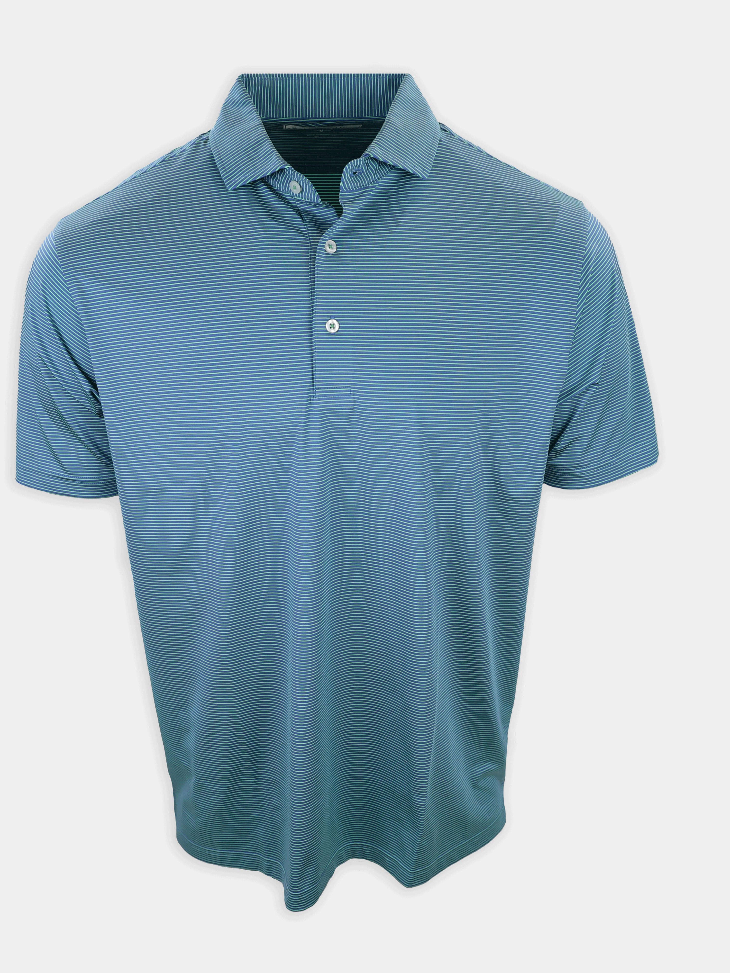 A short-sleeved, striped polo shirt in shades of blue is displayed against a plain background.
