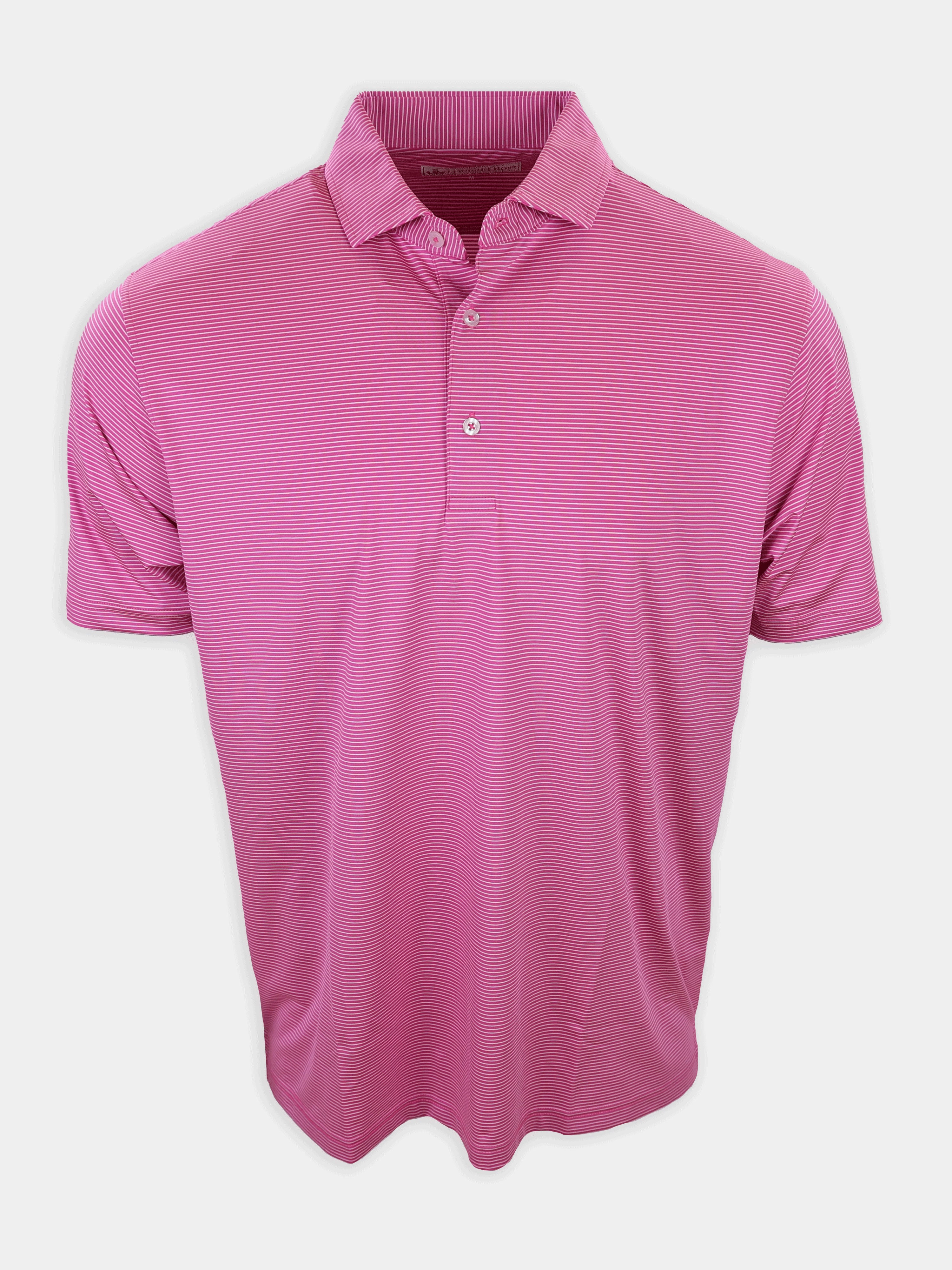 A pink striped polo shirt is displayed against a plain white background.