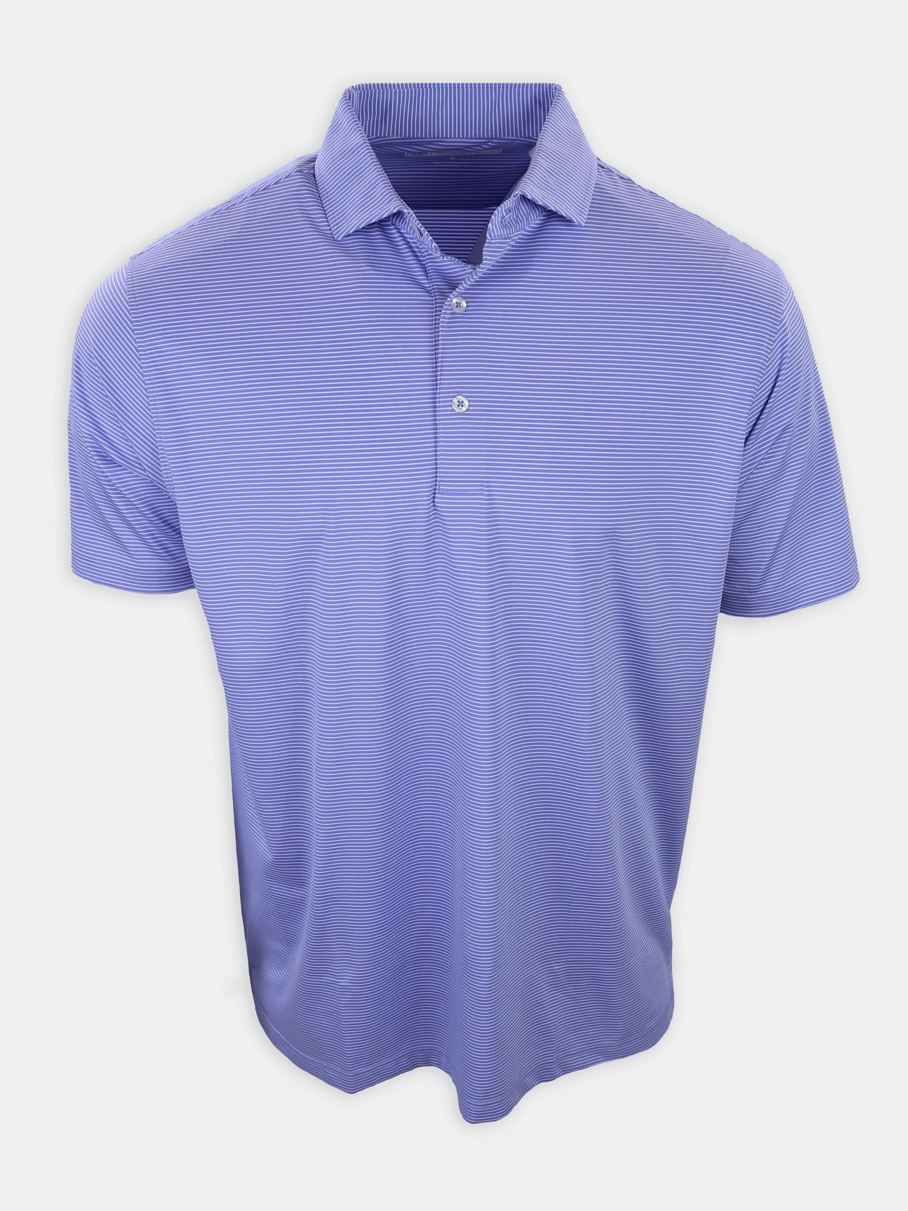 Short-sleeved polo shirt in light purple with horizontal stripes and a collared neckline.